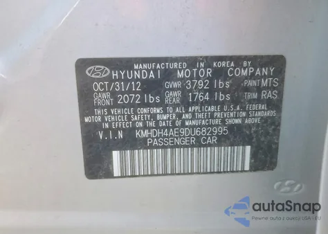 2013 Hyundai Elantra Gls z USA, uszkodzony, nr VIN KMHDH4AE9DU682995